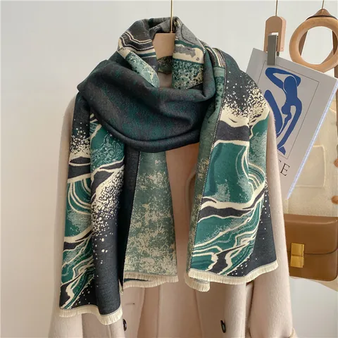 Elegante Sciarpa in Imitazione Cashmere da Donna Grande Scialle Caldo Con Nappine Motivo Artistico in Marmo Astratto Inverno