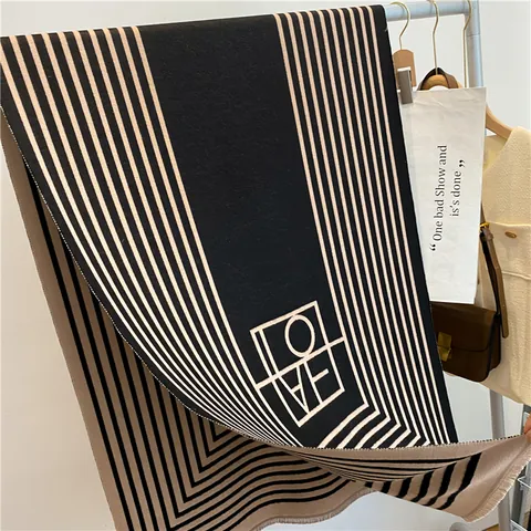 Geometric Striped Imitation Cashmere Scarf For Women Winter Thick Warm Double Sided Tassel Shawl Wrap Fashion Commuter Neck Wear