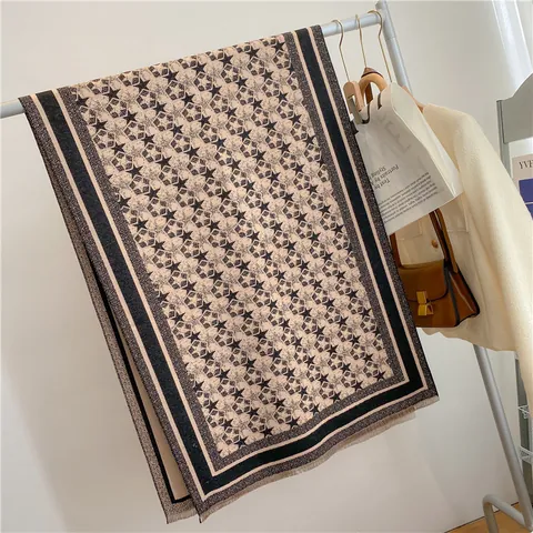 Women's Thickened Winter Scarf Vintage Star Pattern Cashmere-like Polyester Long Wrap Shawl Warm Fringed Winter Accessory