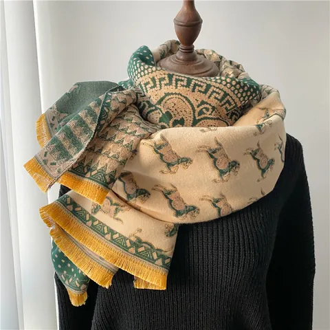 Bufanda Chale Cálida Engrosada Con Patrón De Caballo Vintage Con Borlas Para Mujer Elegante Manta Larga Envolvente Accesorios
