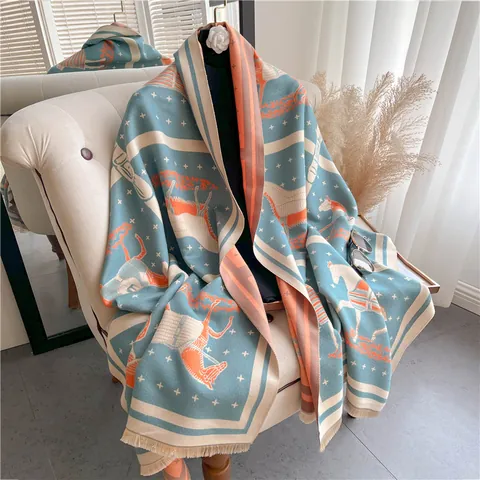 Vintage Horse Carriage Pattern Imitation Cashmere Scarf For Women Thickened Warm Double Sided Tassel Shawl Wrap