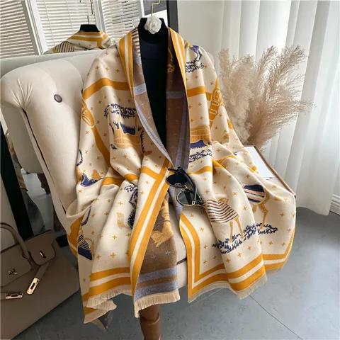 Vintage Horse Carriage Pattern Imitation Cashmere Scarf For Women Thickened Warm Double Sided Tassel Shawl Wrap