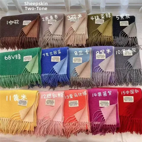 Women Autumn Winter Thick Warm Two Tone Color Block Imitation Cashmere Shawl Tassels Patch Label Fashion Casual Scarf