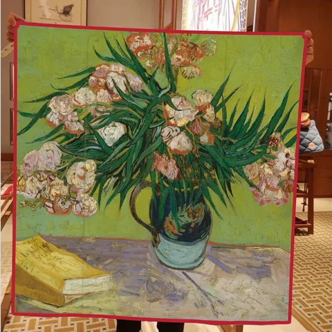 Van Gogh Oil Painting Floral Satin Square Scarf For Women Vintage Silk Feeling Head Scarf Fashion Travel Sunscreen Wrap
