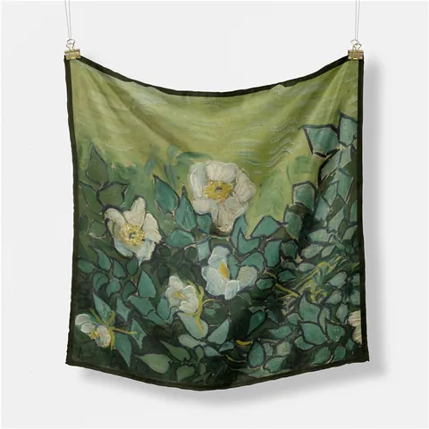 Art Style Oil Painting Green Satin Square Scarf For Women Vintage Elegant Floral Foulard Decorative Neck Scarf Accessory
