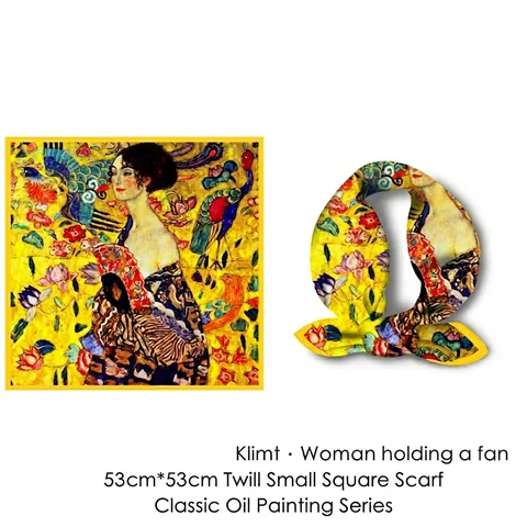 Carré de Soie Satin Jaune Imprimé Peinture à l'Huile Vintage pour Femme Motif Klimt Femme à l'Éventail Foulard Mode