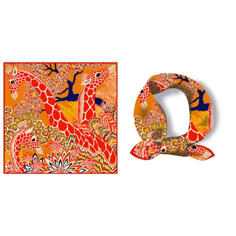 Dames Cartoon Giraf Bloemenprint Kleine Vierkante Sjaal Mode Satijn Zijde Gevoel Twill Halssjaal Haarband Tas Decoratie Accessoire