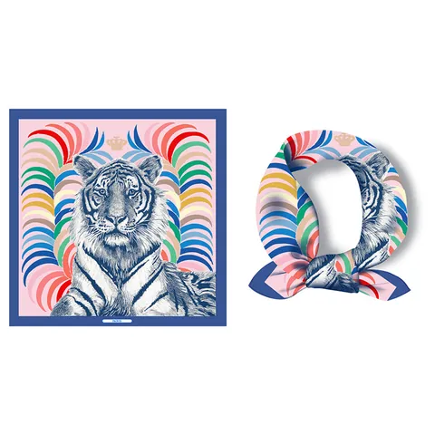 Pañuelo Cuadrado de Satén para Mujer Elegante Francés Artístico Estampado de Tigre Vintage Sarga Símil Seda Bufanda de Cuello Estilo París Bandana Decorativa