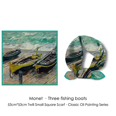 Pañuelo Cuadrado de Satén con Estampado de Óleo de Monet Mujer Artístico Verde Barco de Pesca Floral Bufanda Decorativa 53x53cm