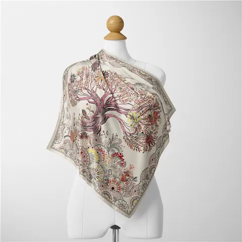 Foulard Carré en Satin Vintage pour Femmes Soie Comme Imprimé Foulard de Cou Arbre de Vie Floral Cheval Chaîne Écharpe