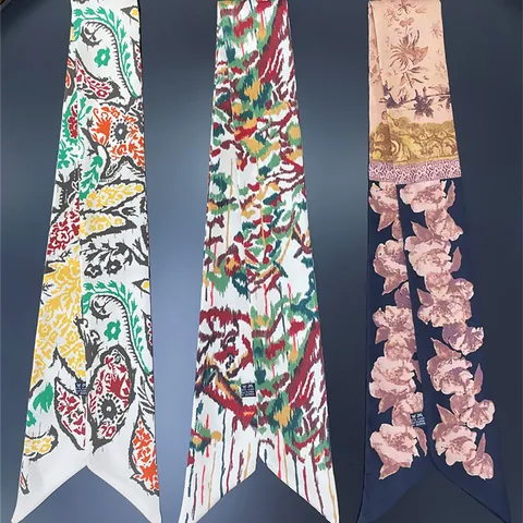 Vintage French Satin Narrow Long Scarf For Women Retro Floral Print Twilly Ribbon For Hair Handbag Handle Tie Headband Accessory