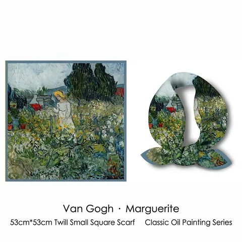 Artistieke Olieverfschilderij Print Satijn Twill Vierkante Sjaal Voor Dames Vintage Bloemenpatroon Decoratieve Elegante Halsdoek