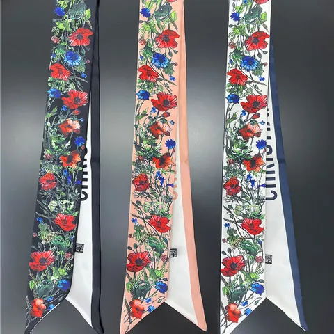 Vintage Floral Print Silk Feel Long Skinny Scarf For Women Hair Tie Bag Wrap Ribbon Elegant Neck Scarf Headband Accessories