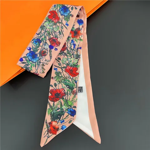 Vintage Floral Print Silk Feel Long Skinny Scarf For Women Hair Tie Bag Wrap Ribbon Elegant Neck Scarf Headband Accessories