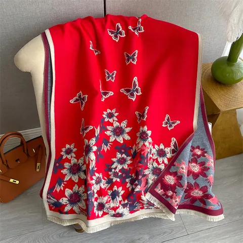 Women's Elegant Butterfly Sunflower Print Scarf Thick Warm Imitation Cashmere Shawl Vintage Tassel Large Fall Winter Scarf