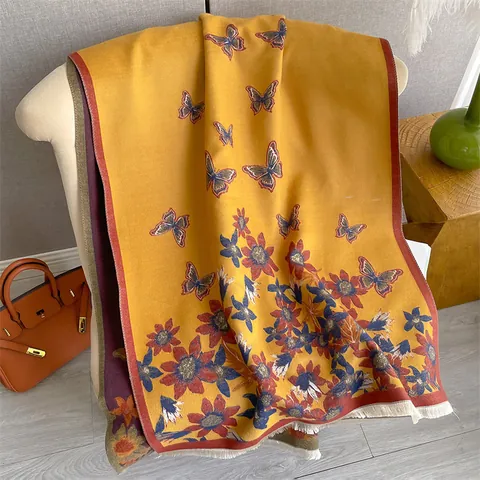 Women's Elegant Butterfly Sunflower Print Scarf Thick Warm Imitation Cashmere Shawl Vintage Tassel Large Fall Winter Scarf