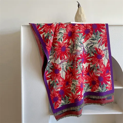 Retro Ethnic Style Imitation Cashmere Scarf Large Flower Print Artistic Newspaper Collage Portrait Shawl With Tassels For Women