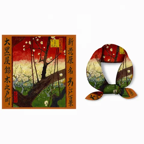 Vintage Van Gogh Plum Orchard Print Square Scarf Artistic Polyester Satin Handkerchief Neckerchief For Women Neck Scarf