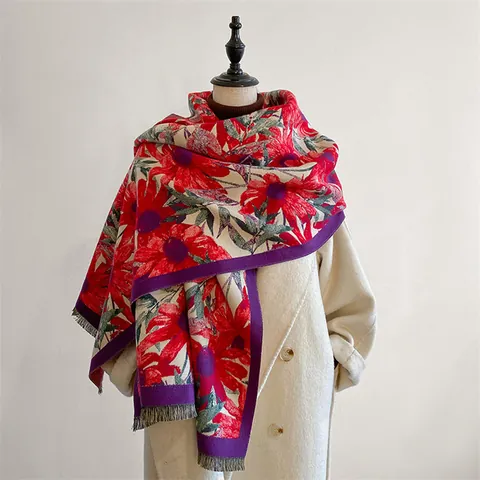 Retro Ethnic Style Imitation Cashmere Scarf Large Flower Print Artistic Newspaper Collage Portrait Shawl With Tassels For Women