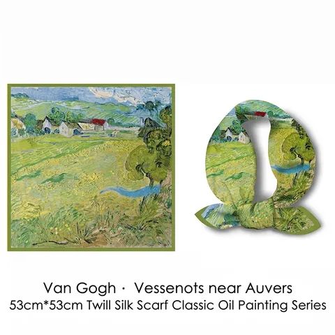 Van Gogh Oil Painting Auvers Landscape Print Square Scarf Satin Polyester Silk Feel Neckerchief Artistic Fashion Headscarf Women Accessories