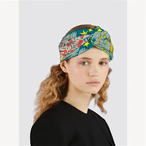 Fascia per Capelli in Satin Stampata Donna Elastica Larga con Nodo per Yoga Sport Lavaggio Viso Motivo Foglie Botaniche Stelle Accessori Moda