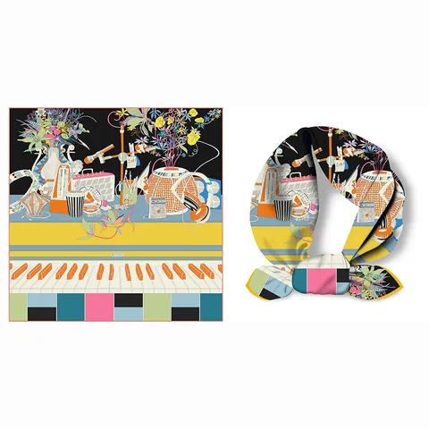 Pañuelo Cuadrado de Satén Artístico Mujer Estampado Piano Música Moderna Pañuelo Cuello 53cm Estilo Pintura al Óleo Vintage