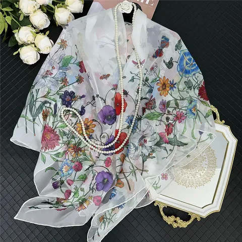 Women's Elegant Satin Square Scarf Large 130x130cm Floral Butterfly Print Sun Protection Beach Shawl Vintage Travel Hijab