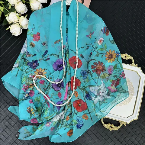 Women's Elegant Satin Square Scarf Large 130x130cm Floral Butterfly Print Sun Protection Beach Shawl Vintage Travel Hijab
