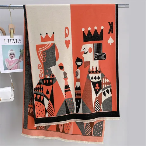 Faux Cashmere Scarf Women Poker Card Queen King Pattern Thick Warm Winter Shawl With Tassels Retro Artistic Long Scarf