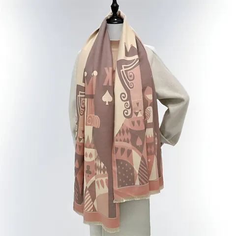 Faux Cashmere Scarf Women Poker Card Queen King Pattern Thick Warm Winter Shawl With Tassels Retro Artistic Long Scarf