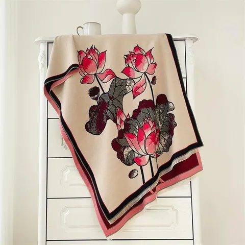 Sciarpa Vintage in Stile Etnico con Motivo a Loto per Donna Invernale Calda Doppio Lato Jacquard Scialle Ispessito Retro Floreale
