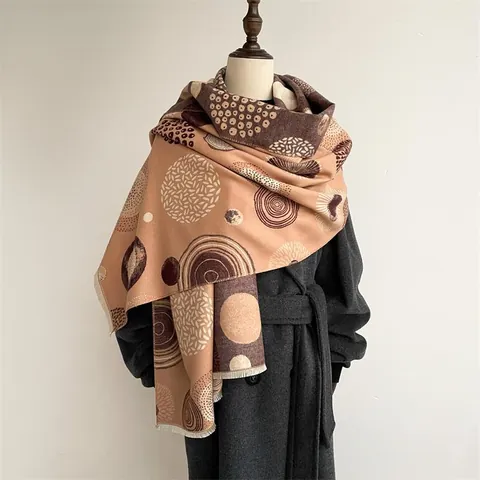 Sciarpa in Imitazione Cashmere Stile Bohémien per Donna Vintage Double Face Motivo Geometrico Scialle Caldo Con Nappine