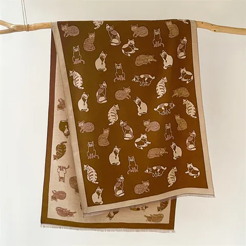 Women Winter Thick Warm Imitation Cashmere Scarf Cute Cat Pattern Jacquard Shawl Tassels Long Pashmina Wrap Fashion Accessories Cozy Soft