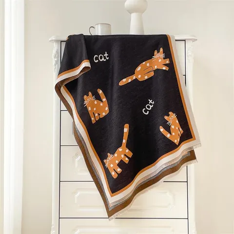 Dames Winter Sjaal Imitatie Kasjmier Dubbelzijdig Cartoon Kat Patroon Shawl Warm Lang Schattig Kwastje Polyester Katoen Wrap
