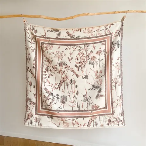 Bufanda Cuadrada Floral Retro Francesa para Mujer Imitación Cachemira Chal de Doble Cara con Borlas y Libélulas