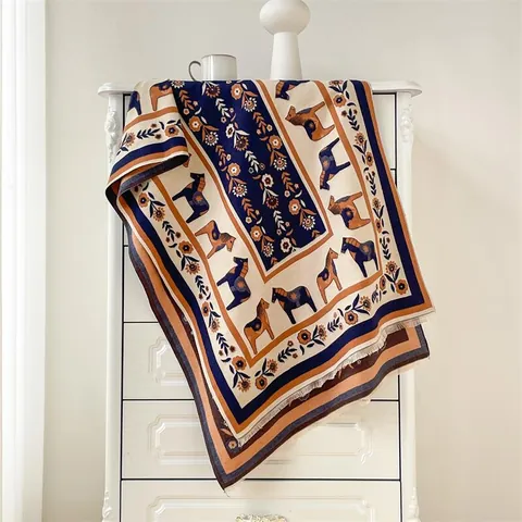 Dames Retro Dala Paard Bloemenprint Sjaal Dik Warm Kasjmierachtig Polyester Katoenmix Grote Omslagdoek Franjes Wrap Voor De Winter