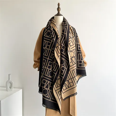 Geometric Letter Pattern Imitation Cashmere Scarf Double Sided Thick Warm Winter Shawl With Tassel For Women Fashion Accessories