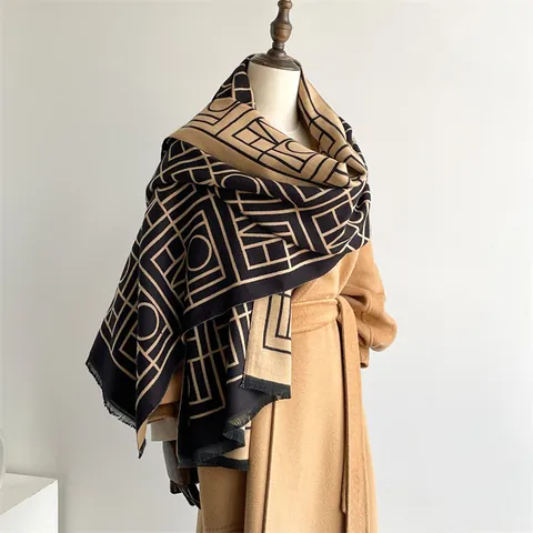 Geometric Letter Pattern Imitation Cashmere Scarf Double Sided Thick Warm Winter Shawl With Tassel For Women Fashion Accessories