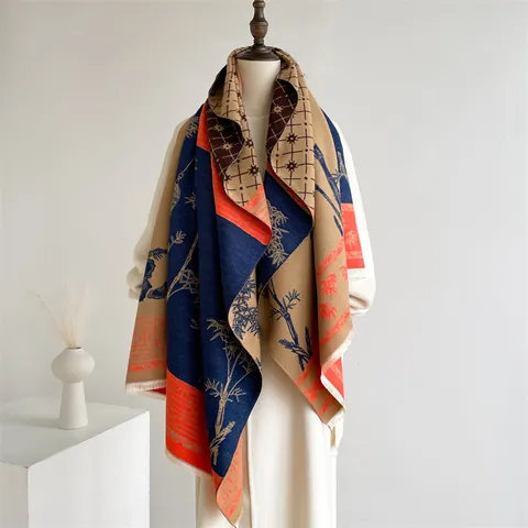 Vintage Ethnic Style Scarf For Women Faux Cashmere Warm Shawl Patchwork Bamboo Floral Print Double Sided Tassel Scarf