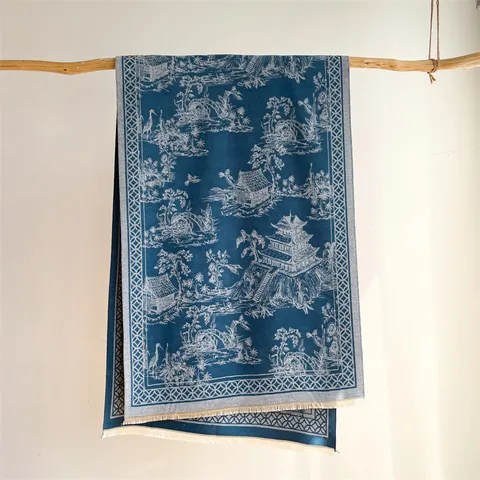 Women's Vintage Scarf Shawl Imitation Cashmere Toile De Jouy Chinese Landscape Ancient Building Jacquard Tassel Warm Wrap