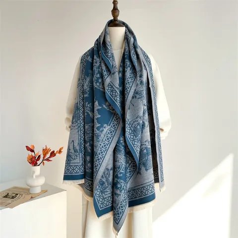 Women's Vintage Scarf Shawl Imitation Cashmere Toile De Jouy Chinese Landscape Ancient Building Jacquard Tassel Warm Wrap