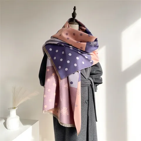 Womens Cashmere-like Scarf Bee Polka Dot Pattern Color Block Thick Warm Winter Shawl Wrap Tassels Fashion Neck Warmer