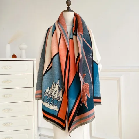 Bufanda Artística para Mujer Efecto Cachemira Engrosada Doble Cara Bloque de Color Chal Cálido de Invierno Con Borlas Paisaje