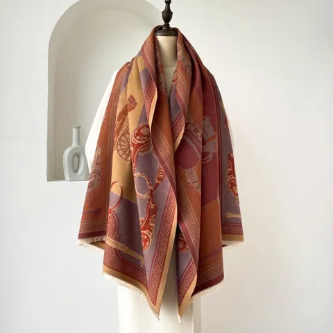 Sciarpa da Donna in Imitazione Cashmere Con Carrozza Equestre Invernale Calda Jacquard Scialle Con Nappe Lungo Involucro Moda