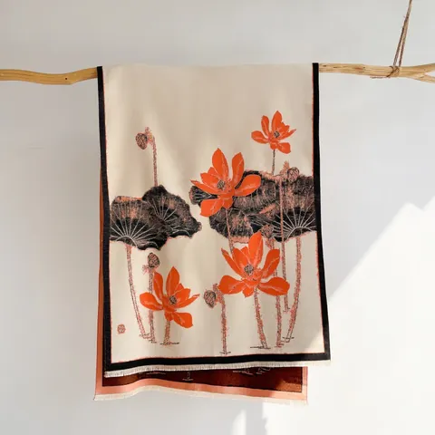 Elegant Faux Cashmere Scarf For Women Chinese Style Lotus Ink Wash Print Double Sided Thick Warm Shawl With Tassels