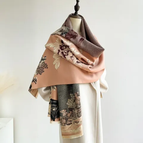National Style Faux Cashmere Scarf For Women Chinese Landscape Floral Jacquard Large Shawl Winter Warm Tassel Wrap Office Travel