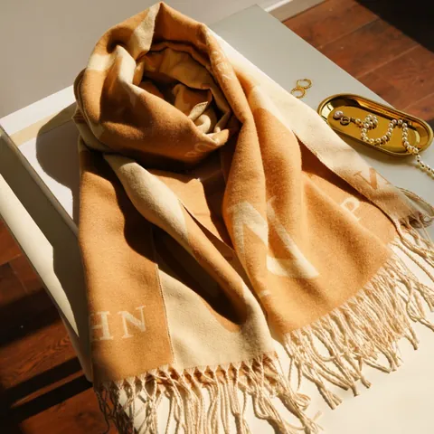 Women Fashion Cashmere-like Scarf Thick Warm Winter Shawl With Tassel Letter Print Jacquard Polyester Cotton Wrap Accessory
