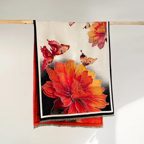 Bufanda de Mujer Efecto Cachemira Pintura al Óleo Artística Chal de Invierno Cálido Con Borla Patrón Floral Abstracto