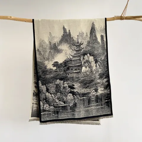 Sciarpa Scialle Ispessita con Stampa Paesaggio Cinese Vintage per Donna Inverno Caldo Imitazione Cashmere con Nappe Jacquard