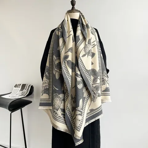 Sciarpa Invernale da Donna Elegante Ispessita Mantella Motivo Floreale Rosa Pied de Poule Avvolgente con Nappe Cashmere Like